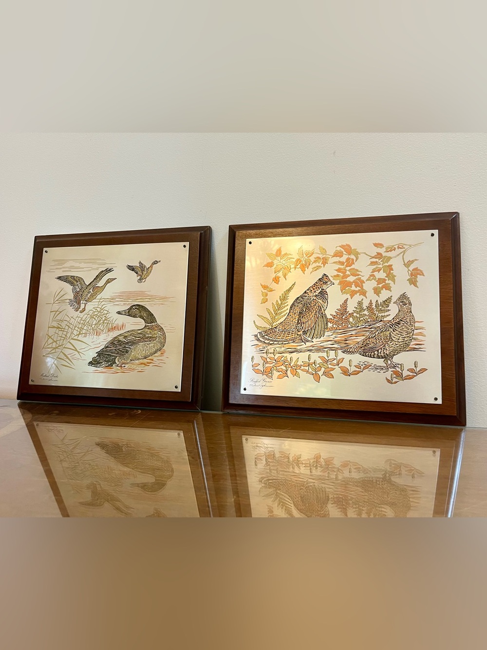 Reed & Barton Damascene Etching, Ruffed Grouse/Mallard Ducks, R. Johnson Signed